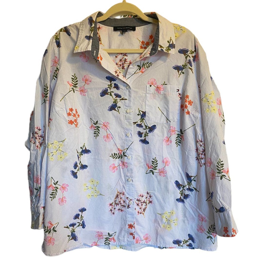 Tommy Hilfiger Blue and White Striped Floral Collared Button Down Shirt Size 1X